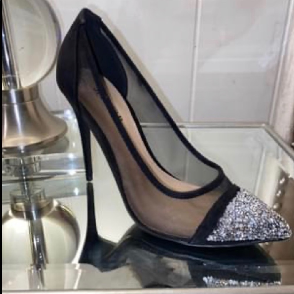 NEW black sheer pump with crystal covered toe